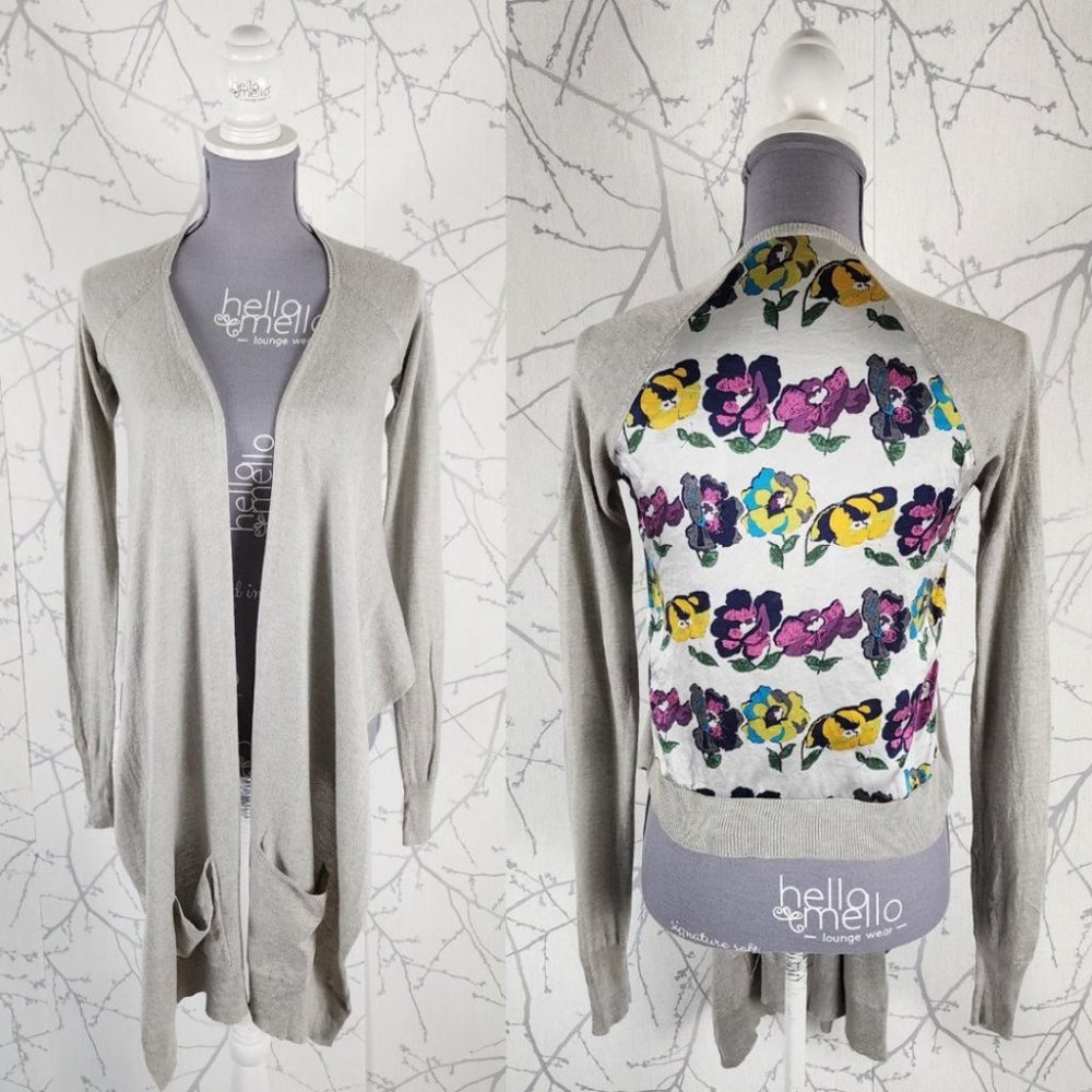 Ted Baker Silver Silk Angora Knit Floral Printed Panel Cardigan